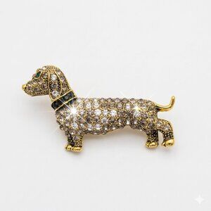 Dachshund Rhinestone Brooch Gold Tone Crystal Dog Pin 1.75"